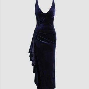 Velvet Navy Indigo V-Neck Split Ruffle Hem Maxi Sleeveless V Neck